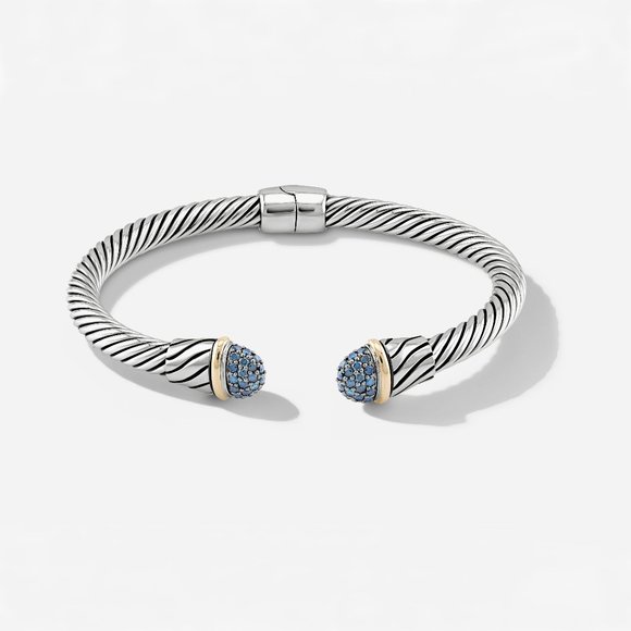5mm Braided Silver & 18k Gold Cable Bracelet with Blue Diamonds and Middle Clasp - Picture 1 of 5